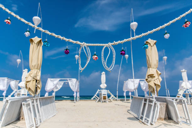 Wedding preparation on Mexican beach against a background of beautiful sea