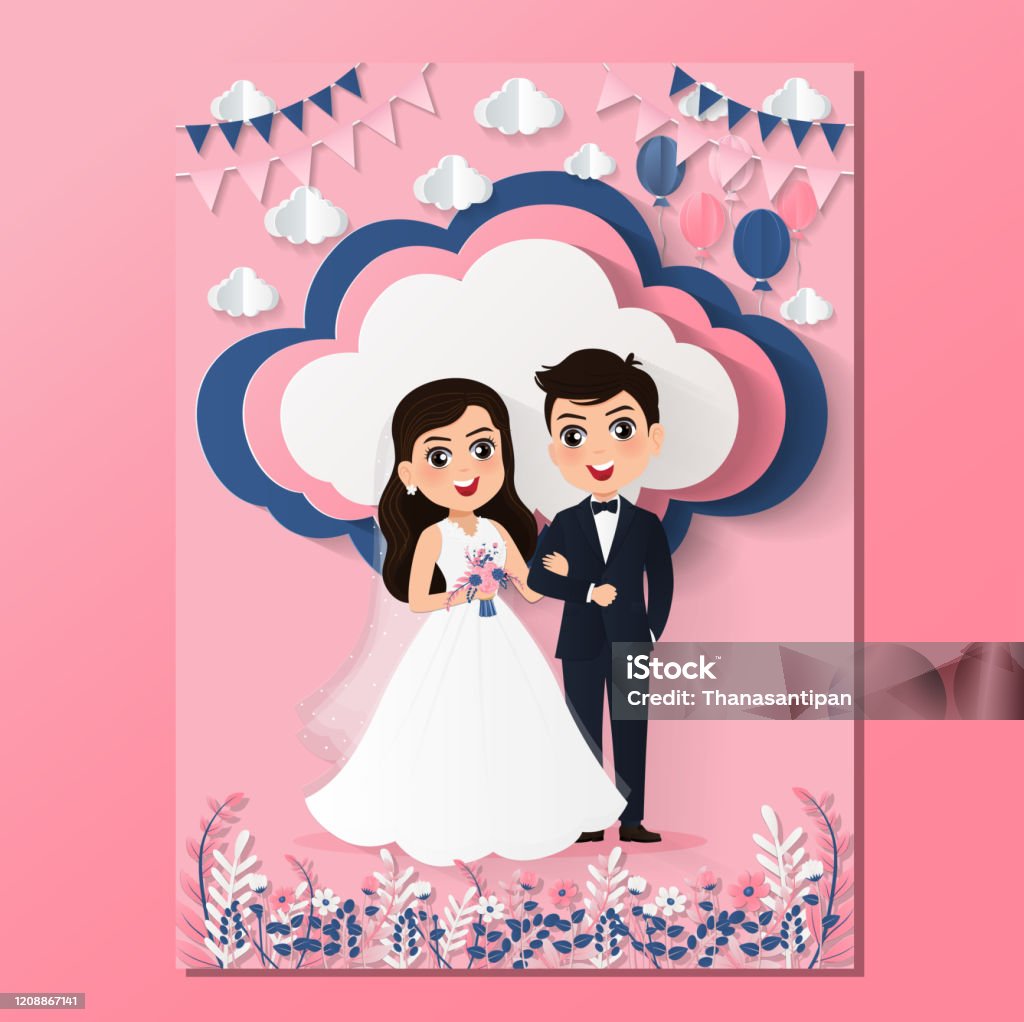 Wedding Invitation Card The Bride And Groom Cute Couple Cartoon Character  Colorful Vector Illustration For Event Celebration Stock Illustration -  Download Image Now - iStock
