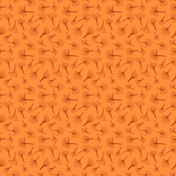 istock Seamless doodle pattern with leaves of Ginkgo Biloba on a orange background. 1208868088