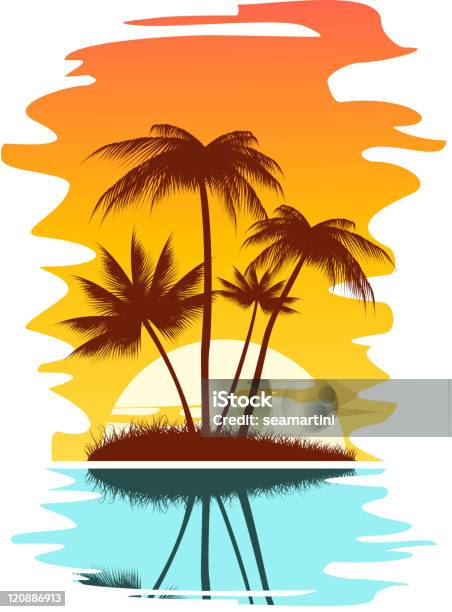 Ilustración de Palmeras En La Puesta De Sol y más Vectores Libres de Derechos de Playa - Playa, Puesta de sol, Arena