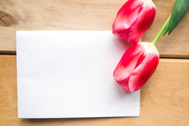istock Pink tulips and gift box on wooden background, copy space for the text 1208870154