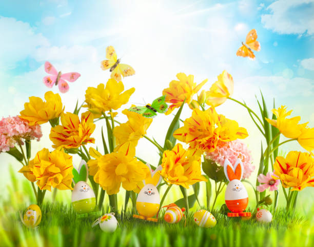 istock Festive decoration with Easter eggs, Bunny and beautiful spring flowers. 1208871204