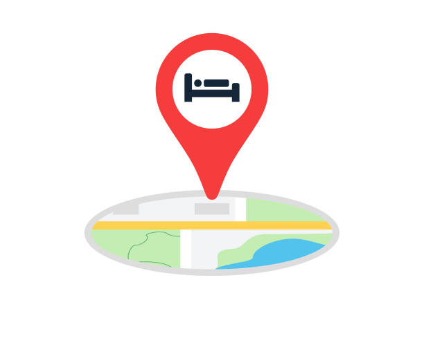 ilustrações de stock, clip art, desenhos animados e ícones de bed and breakfast, hotel or lodging with navigation location map pin icon vector illustration - lodging