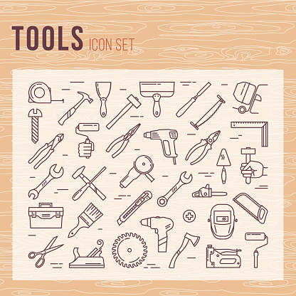 Tools icon set of working tools for builders in a linear style.
