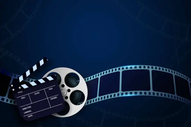 Vector illustration of Cinema Film Strip wave, film reel and clapper board isolated on blue background. 3d movie flyer or poster with place for your text. Template design cinematography concept of film industry. Vector
