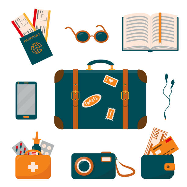 Packing for traveling. Travel equipment set. Luggage collection vector illustration in flat style. Packing for traveling. Travel equipment set. Luggage collection vector illustration in flat style. suitcase illustrations stock illustrations