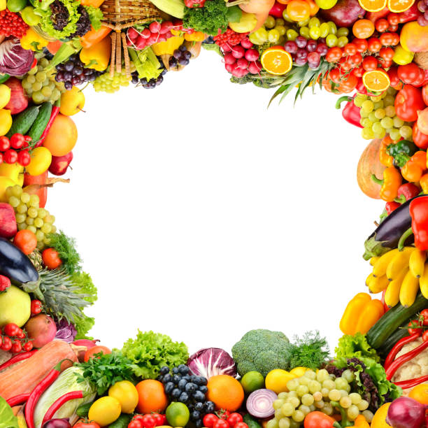 istock Collage healthy vegetables and fruits in form frame 1208880755