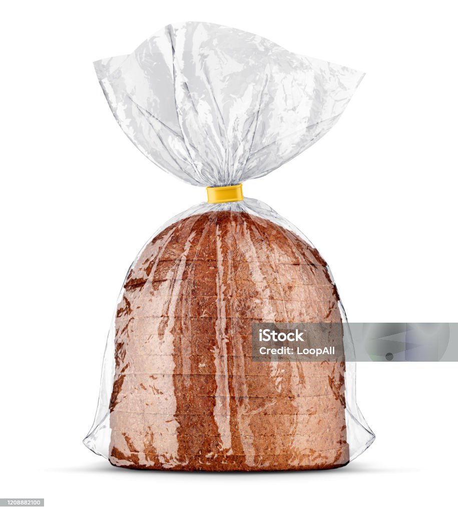 Bread bag packaging with sliced bread inside. Illustration. Bread bag packaging with sliced bread inside. View mockup rumpled transparent plastic wrap. Product pack, isolated on white background, Cellophane packing for bakery product. 3d rendered illustration. Bread Stock Photo