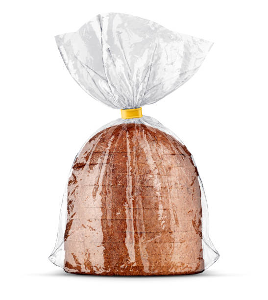 Bread bag packaging with sliced bread inside. Illustration. Bread bag packaging with sliced bread inside. View mockup rumpled transparent plastic wrap. Product pack, isolated on white background, Cellophane packing for bakery product. 3d rendered illustration. polythene photos stock pictures, royalty-free photos & images