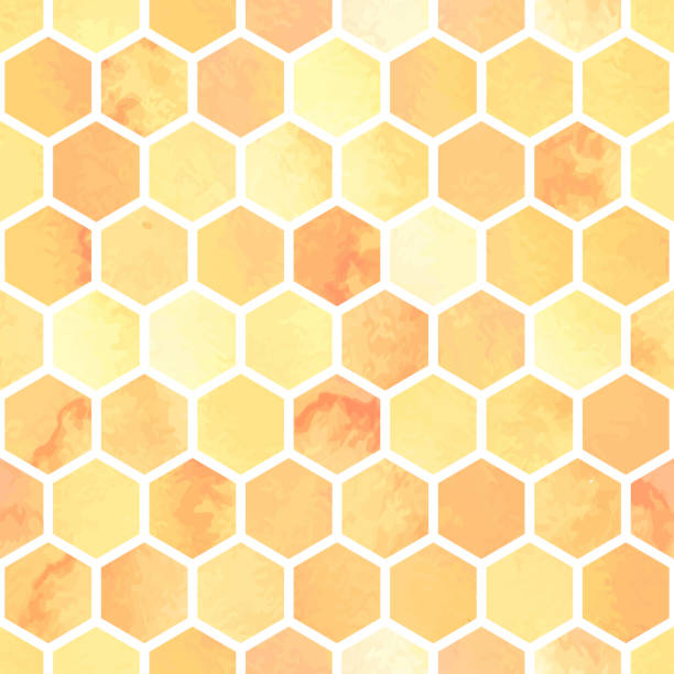 illustrations, cliparts, dessins animés et icônes de modèle d’aquarelle sans couture avec polygones jaunes en nid d’abeille. fond abstrait d’hexagone - ruche