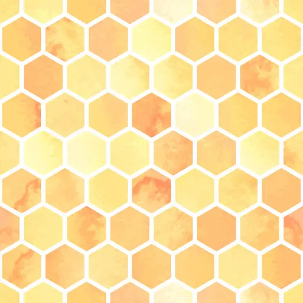 Vector illustration of Seamless watercolor pattern with yellow honeycomb polygons. Hexagon abstract background