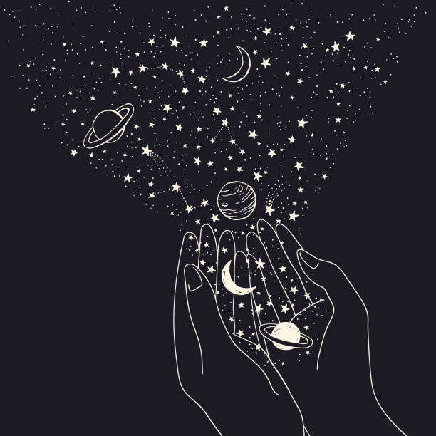 Vector space background with hands holding constellations, planets, moon and stars Vector hand drawn background with hands holding constellations, planets, moon and stars. Space doodle magic illustration paranormal illustrations stock illustrations