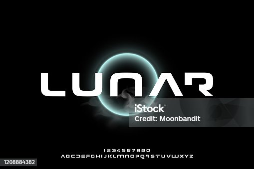 istock Lunar, a modern minimalist futuristic alphabet font design 1208884382