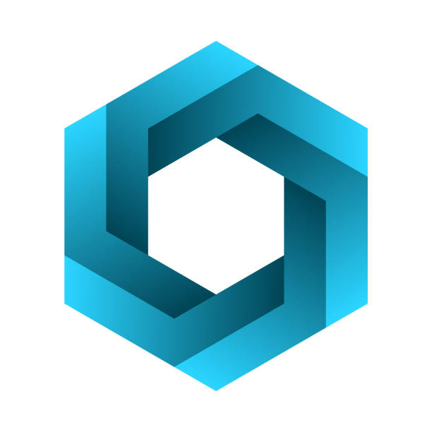 Impossible hexagon sign. Optical illusion. Blue gradient six sided polygon. Abstract symbol, impossible geometry on white background. Unreal geometric shape. Hexagonal logo design. Vector illustration honeycombs clip art stock illustrations