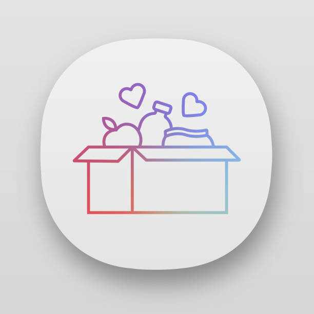 Food donations app icon. Charity food collection. Box with meal, hearts. Humanitarian assistance. Volunteer activity. I/UX user interface. Web or mobile applications. Vector isolated illustrations Food donations app icon. Charity food collection. Box with meal, hearts. Humanitarian assistance. Volunteer activity. I/UX user interface. Web or mobile applications. Vector isolated illustrations food bank vector stock illustrations