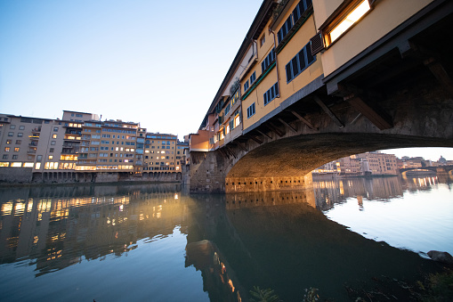 Europe. Italy. Wonderful view of Ponte Vecchio at sunset. Florence, Metropolitan City of Florence.