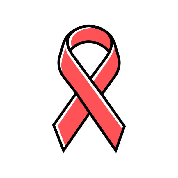 Awareness ribbon color icon. Public awareness to disability, medical conditions and health. Support fight against problem. Short piece red ribbon folded in loop. Isolated vector illustration Awareness ribbon color icon. Public awareness to disability, medical conditions and health. Support fight against problem. Short piece red ribbon folded in loop. Isolated vector illustration patient designs stock illustrations
