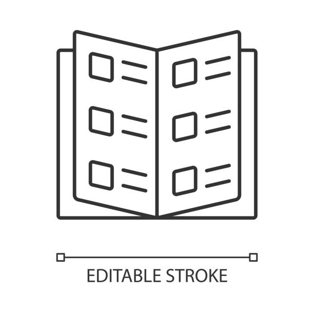 비즈니스 카탈로그, 참조 책 선형 아이콘입니다. 카탈로그, 레스토랑 메뉴 얇은 라인 일러스트. 학교 교과서 윤곽 기호입니다. 정보 소책자 벡터 격리 윤곽선 도면. 편집 가능한 스트로크 - 목록 stock illustrations