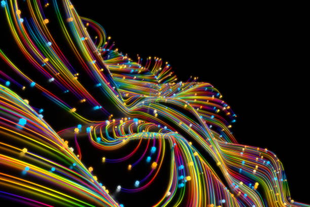 istock Neon glowing twisted cosmic lines on the glossy surface. Turbulence curls flow colorful motion. Fluid and smooth astronomy vortex swirl structure. 3d rendering Abstract creative modern background 1208890990