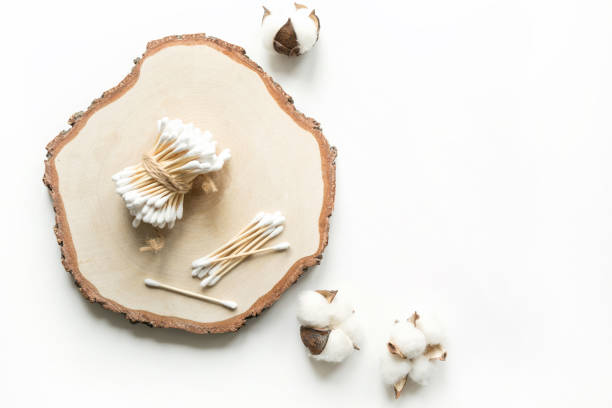 Bamboo ear sticks, natural organic cosmetics, cotton. Zero waste concept for body care. Save planet.