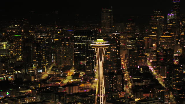 Seattle Aerial v110 Flying around South Lake Union area at night with cityscape views