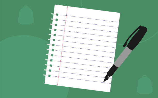 緑色の背景にテキスト用のペンと場所を備えたノートペーパー。万年筆を含む空のブック ページ。 - note pad workbook paper ring binder点のイラスト素材／クリップアート素材／マンガ素材／アイコン素材