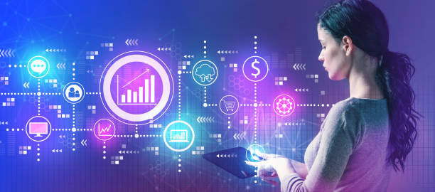 istock Marketing concept with woman using a tablet 1208892348