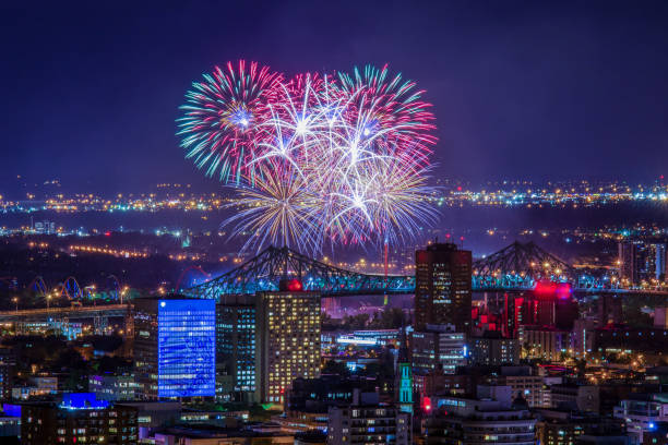 International fireworks festival display over Montreal sky stock photo