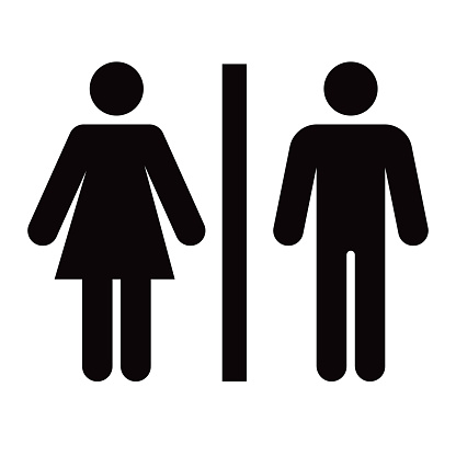 A men’s and women’s bathroom icon in a simple, flat glyph style. File is built in the CMYK color space for optimal printing. Black and white.