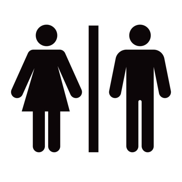 Bathroom Glyph Icon A men’s and women’s bathroom icon in a simple, flat glyph style. File is built in the CMYK color space for optimal printing. Black and white. bathroom symbols stock illustrations