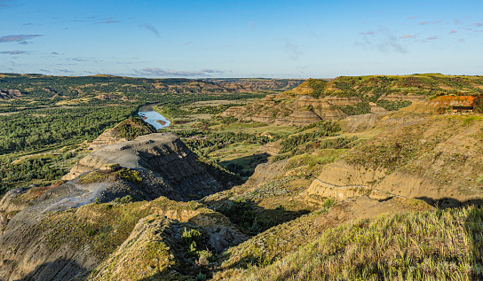 Overlook at the River Bend in the North Unit of Theodore Roosevelt National Park, North Dakota. Little Missouri River causing the erosion into Badlands.