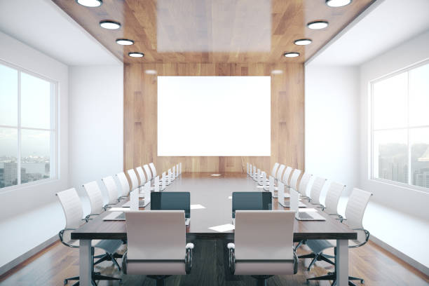 istock Conference interior with blank wooden wall 1208904250