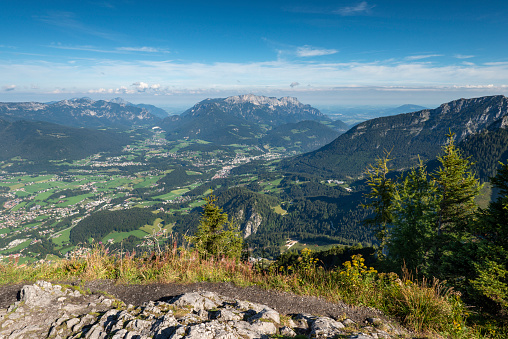 View of the Untersberg in the Bavarian Alps on a sunny day in autumn. Seen from Mountain Jenner. Berchtesgaden National Park, Bavaria, Germany.