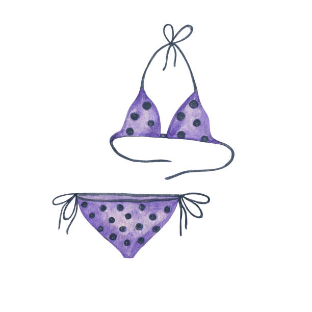 Summer swim suit watercolor illustration, women's clothes, bathing suit for summer activities Summer swimming suit watercolor illustration, women's clothes for visiting the beach, bathing suit for summer activities polka dot bathing suit stock illustrations