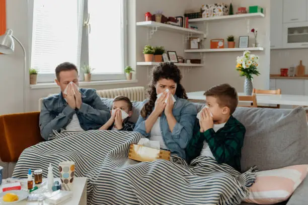 Sick Young Family Blowing Noses With Napkins Together While Lying on the Sofa Covered With a Blanket in the Living Room. Family of Four Has a Flue and Lying on Bed Together