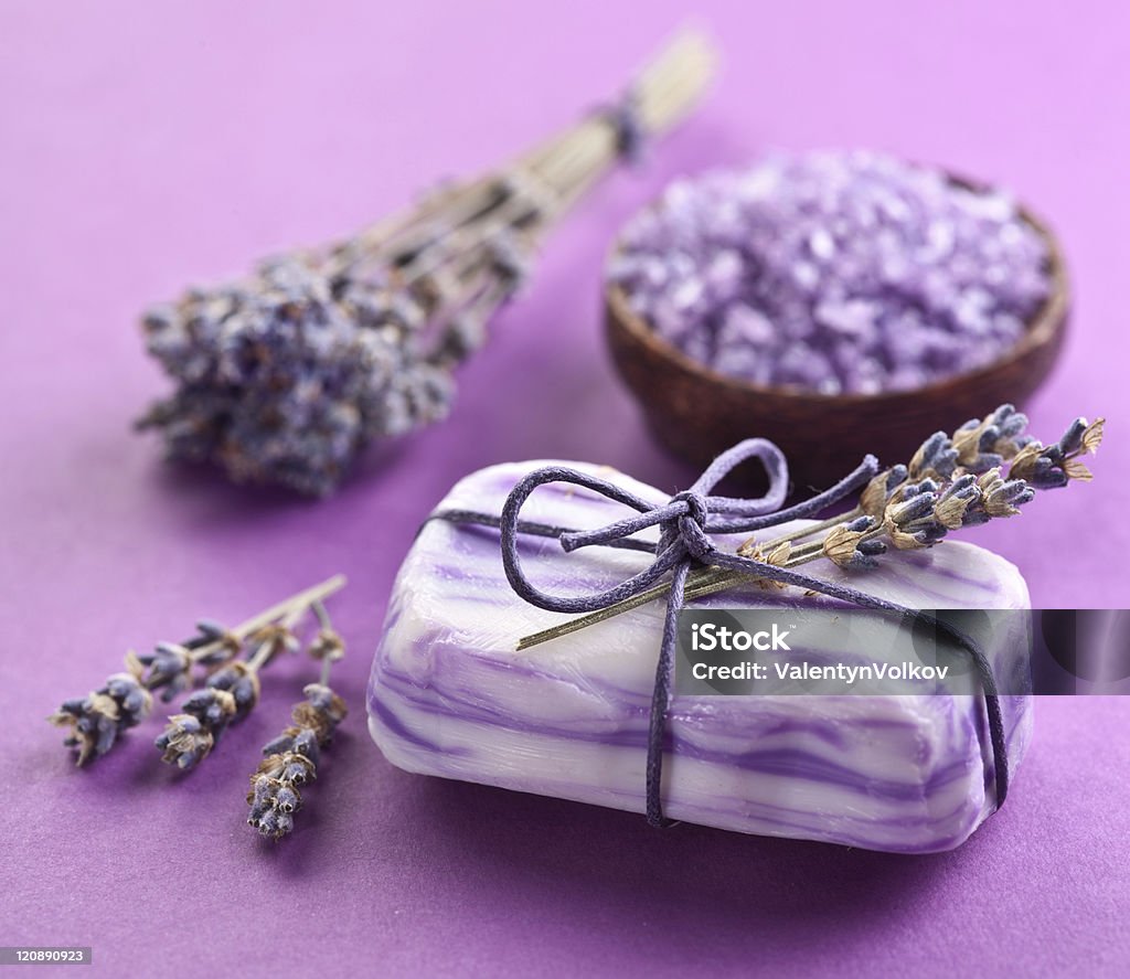 Lavender soap. Soap with sea-salt and dried lavender. Bar Of Soap Stock Photo