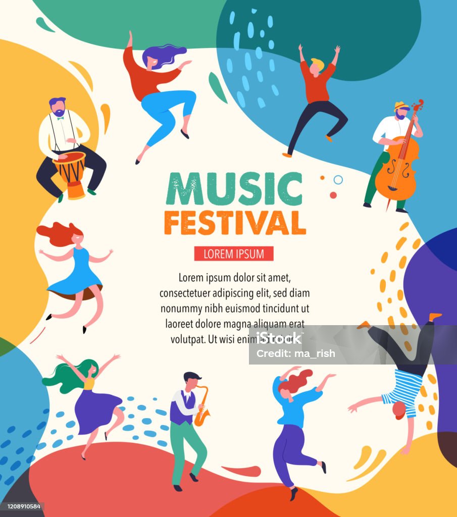 Summer fest, concept of live music festival, jazz and rock, food street fair, family fair, event poster and banner. People dance and play music. Vector design and illustration Music stock vector