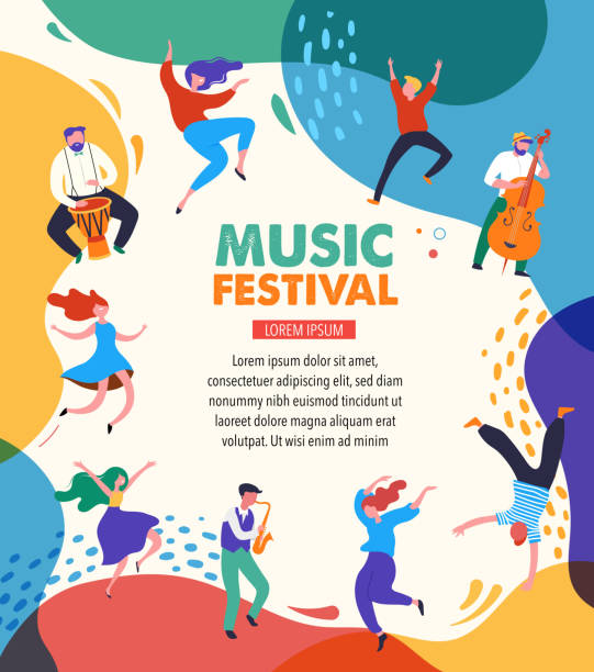 Summer fest, concept of live music festival, jazz and rock, food street fair, family fair, event poster and banner. People dance and play music. Vector design and illustration Summer fest, concept of live music festival, jazz and rock, food street fair, family fair, event poster and banner. People dance and play music. Vector design and illustration music festival stock illustrations