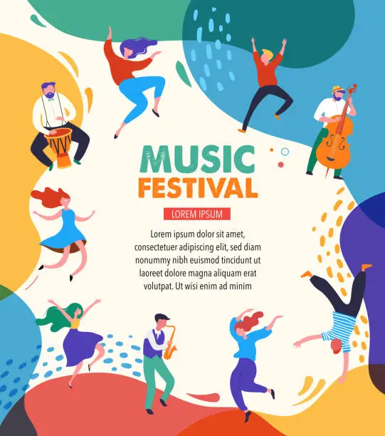Vector illustration of Summer fest, concept of live music festival, jazz and rock, food street fair, family fair, event poster and banner. People dance and play music. Vector design and illustration