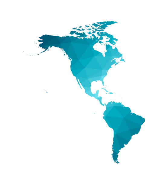 illustrazioni stock, clip art, cartoni animati e icone di tendenza di illustrazione vettoriale con mappa semplificata del continente nord e sud america. silhouette blu a basso livello triangolare, sfondo bianco - north