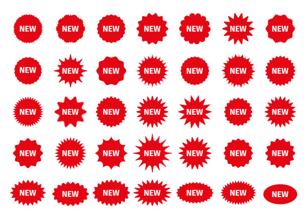 Star burst price stickers. New arrival promo boxes, stamps. Vector illustration. New arrival price stickers. Star burst boxes. Vector. Discount promo stamps. Circle, round splash badges. Red tag product labels. Set starburst shapes isolated on white background. Flat illustration. new stock illustrations