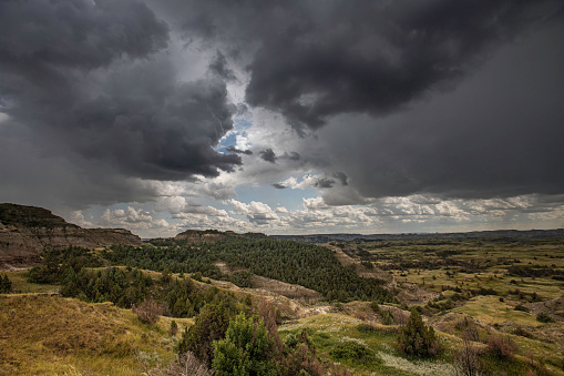 Rain storm over the badlands of Theodore Roosevelt National Park, North Dakota