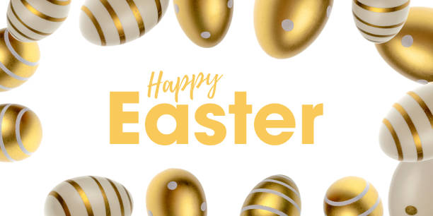 부활절 떨어지��는 황금 빛 흰색 배경에 고립 된 모양 프레임에 계란을 장식. 포스터 또는 전단지용. - easter egg isolated remote frame 뉴스 사진 이미지