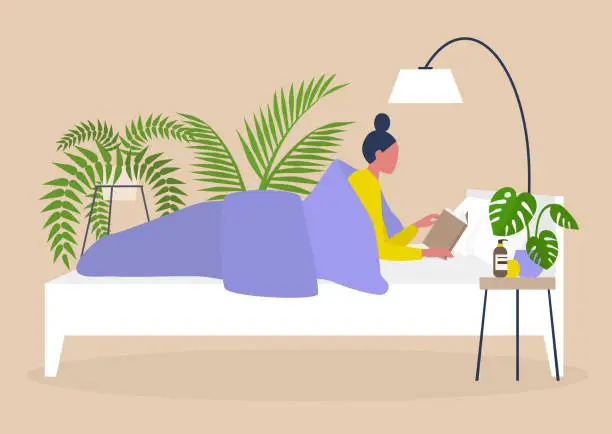 Vector illustration of Young female character reading in bed, bedroom interior design, millennial lifestyle