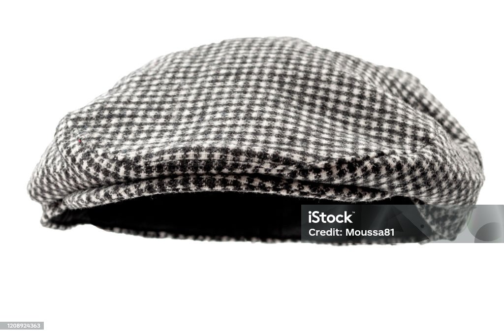 Floating houndstooth check grey hunting tweed flat cap or newsboy cap isolated on white background with clipping path cutout using ghost mannequin technique Floating grey hunting tweed flat cap or newsboy cap isolated on white background with clipping path cutout using ghost mannequin technique Flat Cap Stock Photo