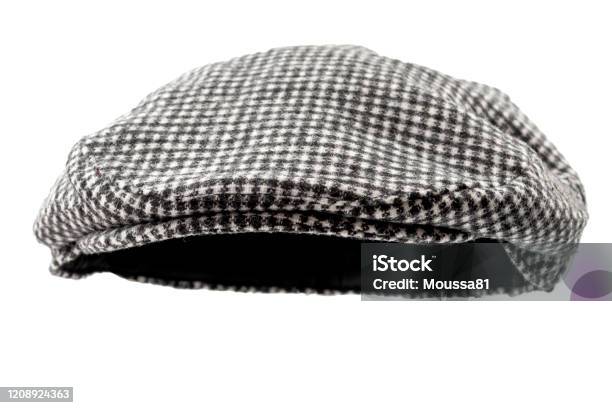 Floating Houndstooth Check Grey Hunting Tweed Flat Cap Or Newsboy Cap Isolated On White Background With Clipping Path Cutout Using Ghost Mannequin Technique Stock Photo - Download Image Now