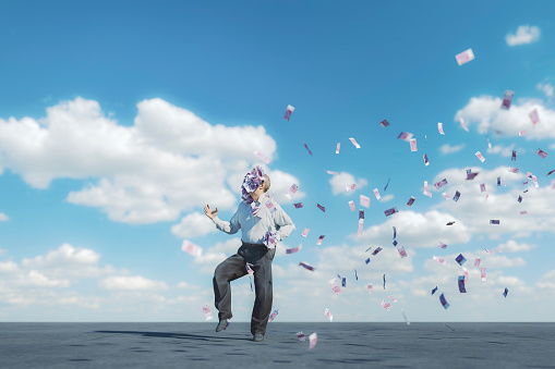 Happy senior with clouds of money. This is entirely 3D generated image.