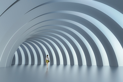 Empty urban passage with lonely woman walking. This is entirely 3D generated image.