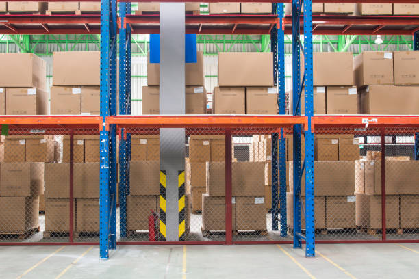 istock The empty rows of shelves with boxes in warehouse. 1208927578