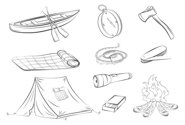 line style camping icon camping gear bundle set vector illustration design icons. in the form of lines. axes, tents, pocket knives, ropes and more camping drawings stock illustrations
